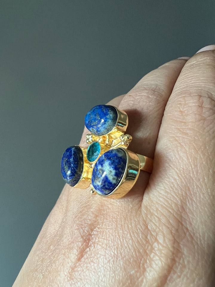 SHIVKA Natural Lapis Lazuli Statement Ring | Adjustable Size | Brass with Gold Polish | Bold 3cm Design