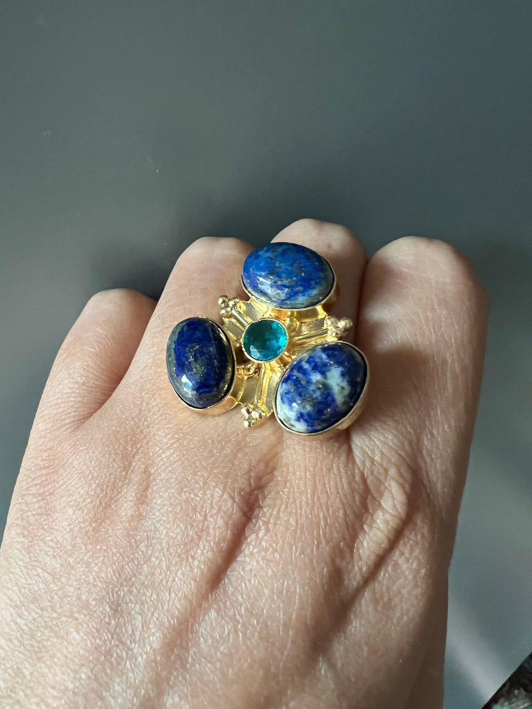 SHIVKA Natural Lapis Lazuli Statement Ring | Adjustable Size | Brass with Gold Polish | Bold 3cm Design