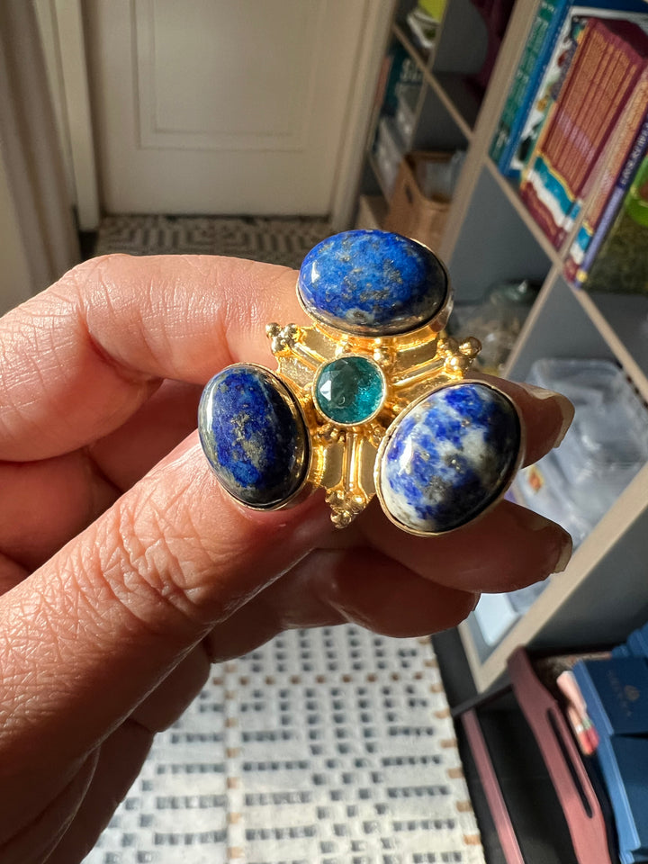 SHIVKA Natural Lapis Lazuli Statement Ring | Adjustable Size | Brass with Gold Polish | Bold 3cm Design