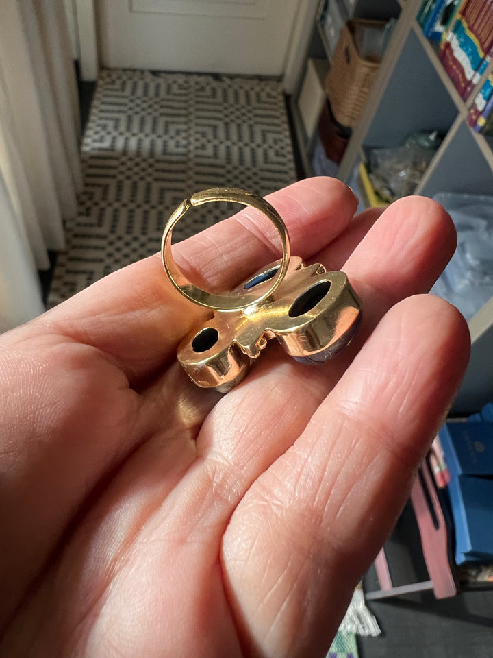 SHIVKA Natural Lapis Lazuli Statement Ring | Adjustable Size | Brass with Gold Polish | Bold 3cm Design