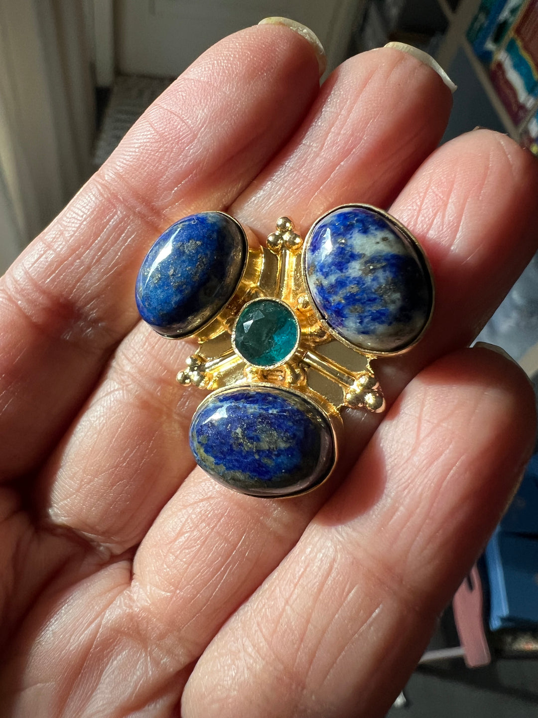 SHIVKA Natural Lapis Lazuli Statement Ring | Adjustable Size | Brass with Gold Polish | Bold 3cm Design