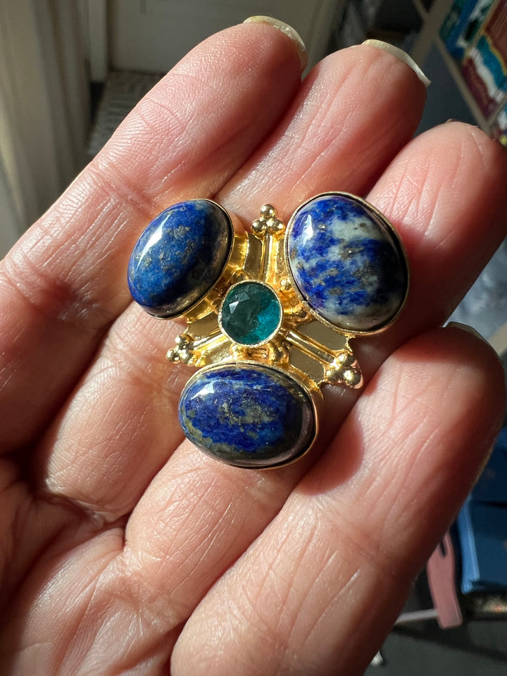 SHIVKA Natural Lapis Lazuli Statement Ring | Adjustable Size | Brass with Gold Polish | Bold 3cm Design