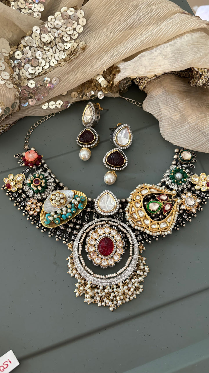 SHIVKA One of a Kind Designer Dual Tone Necklace with Kundan Earrings