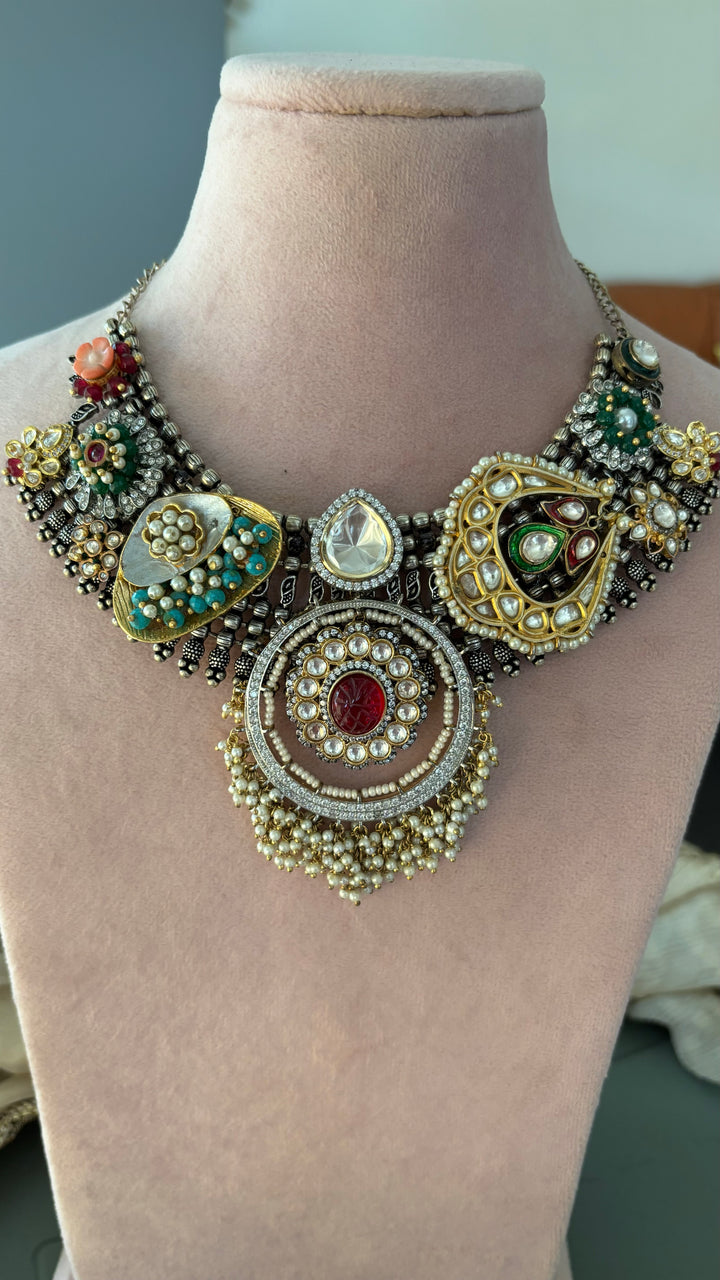 SHIVKA One of a Kind Designer Dual Tone Necklace with Kundan Earrings