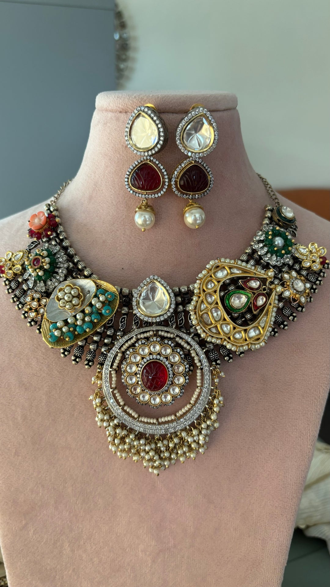 SHIVKA One of a Kind Designer Dual Tone Necklace with Kundan Earrings