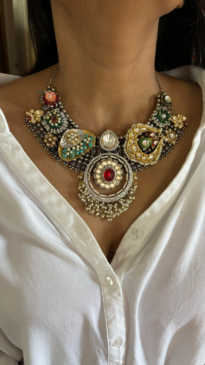 SHIVKA One of a Kind Designer Dual Tone Necklace with Kundan Earrings