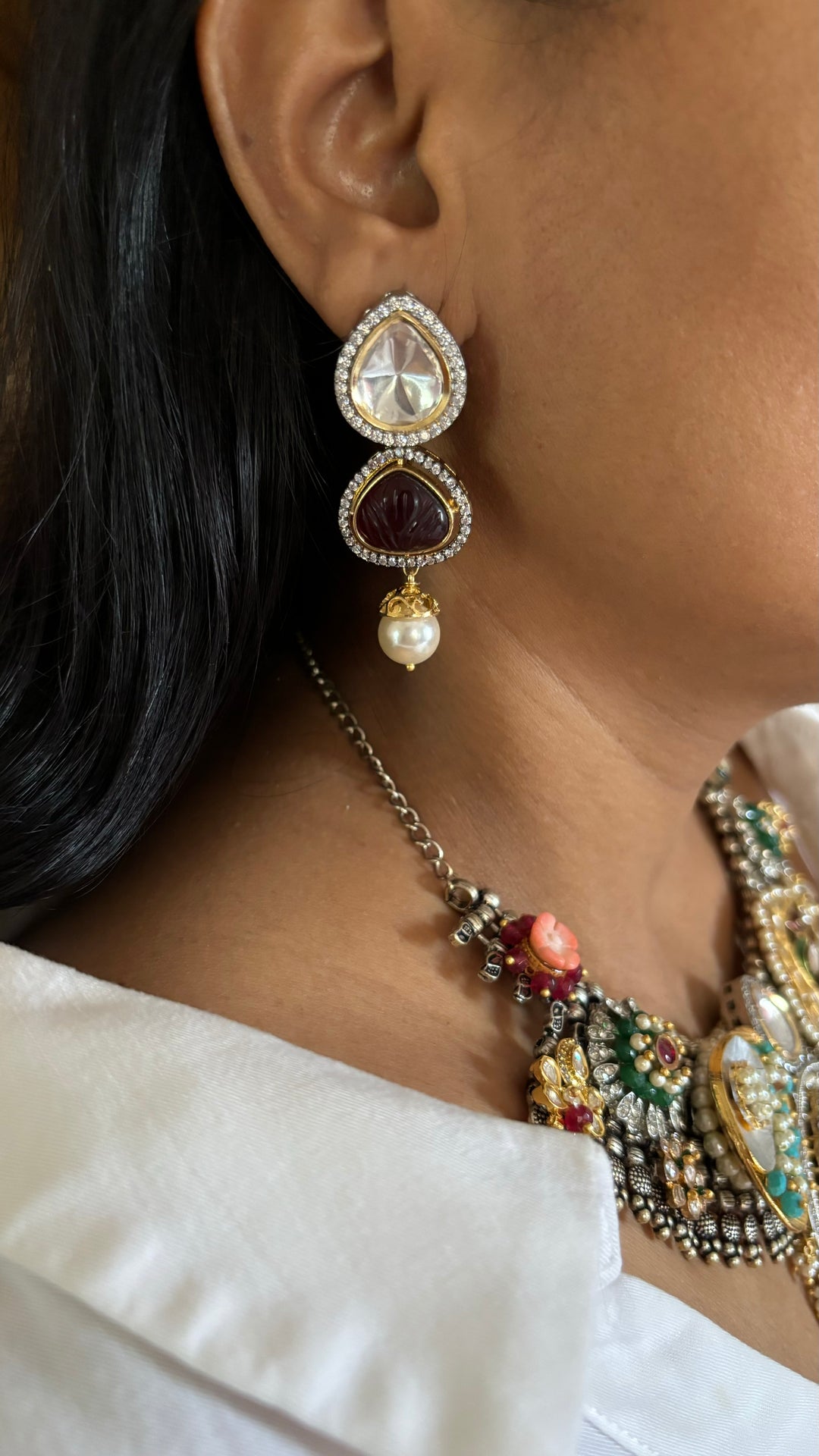 SHIVKA One of a Kind Designer Dual Tone Necklace with Kundan Earrings