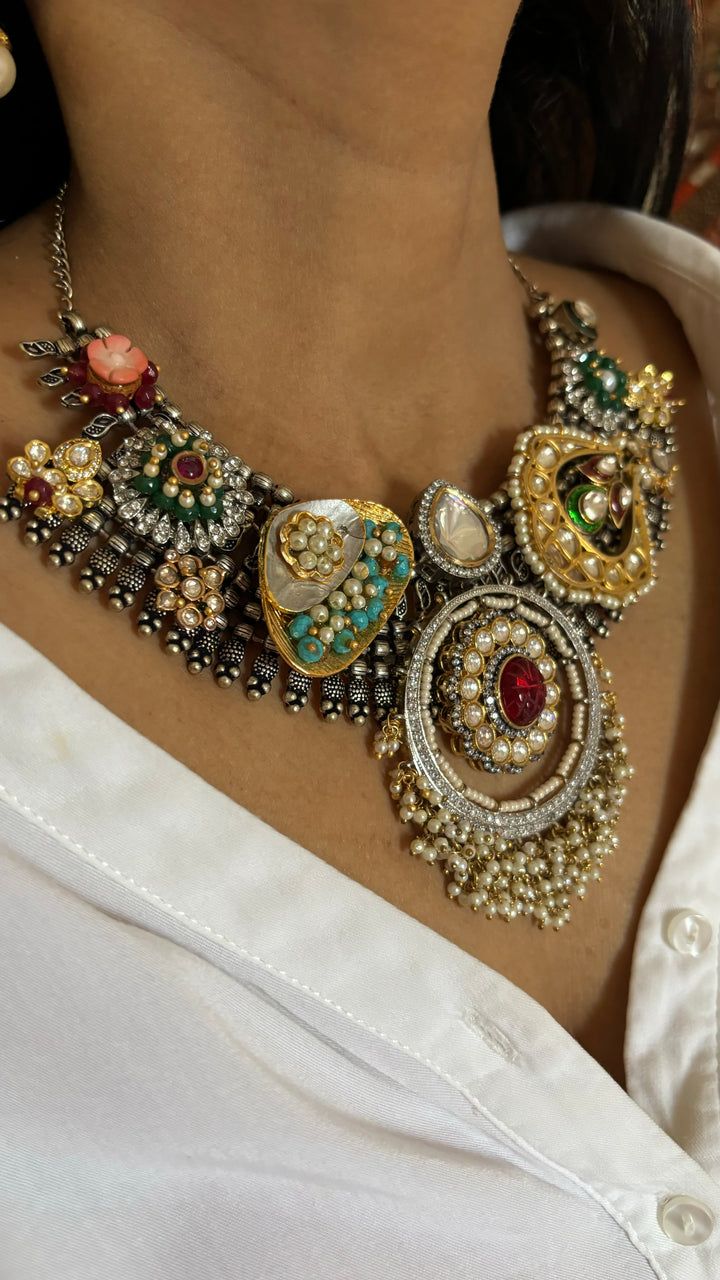SHIVKA One of a Kind Designer Dual Tone Necklace with Kundan Earrings