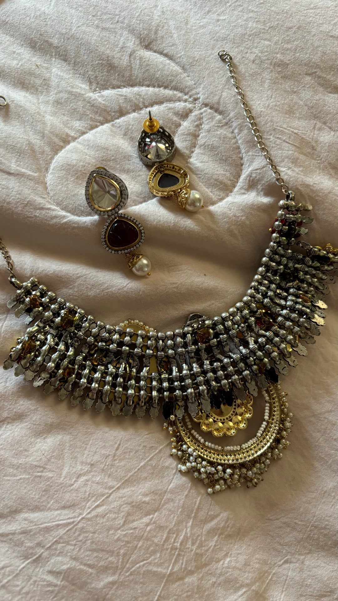 SHIVKA One of a Kind Designer Dual Tone Necklace with Kundan Earrings