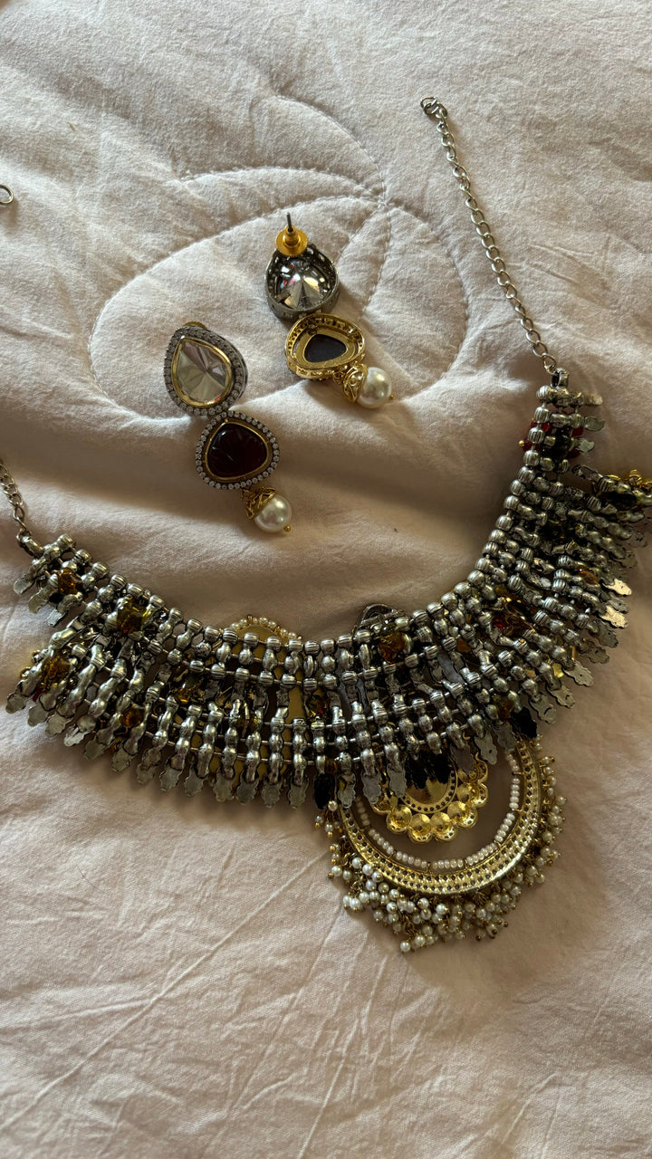 SHIVKA One of a Kind Designer Dual Tone Necklace with Kundan Earrings
