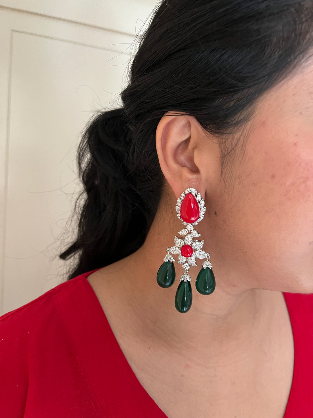 Statement Stone Earrings | SHIVKA | Rhodium Polish | Coral & Dark Green Stones | Push Back with Extra Support Clip