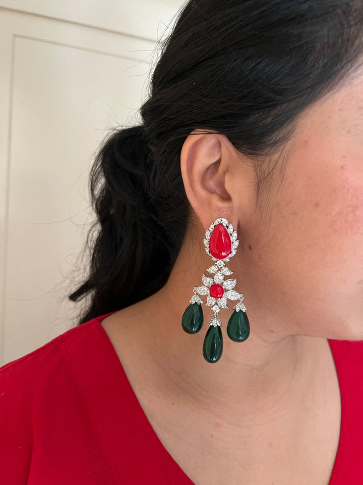 Statement Stone Earrings | SHIVKA | Rhodium Polish | Coral & Dark Green Stones | Push Back with Extra Support Clip