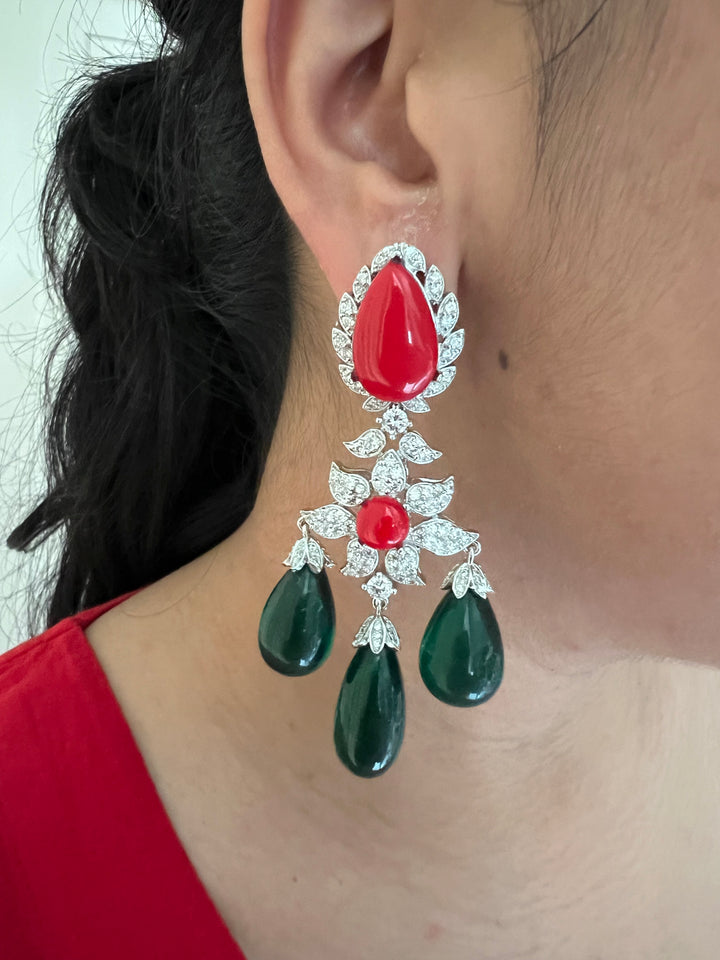 Statement Stone Earrings | SHIVKA | Rhodium Polish | Coral & Dark Green Stones | Push Back with Extra Support Clip
