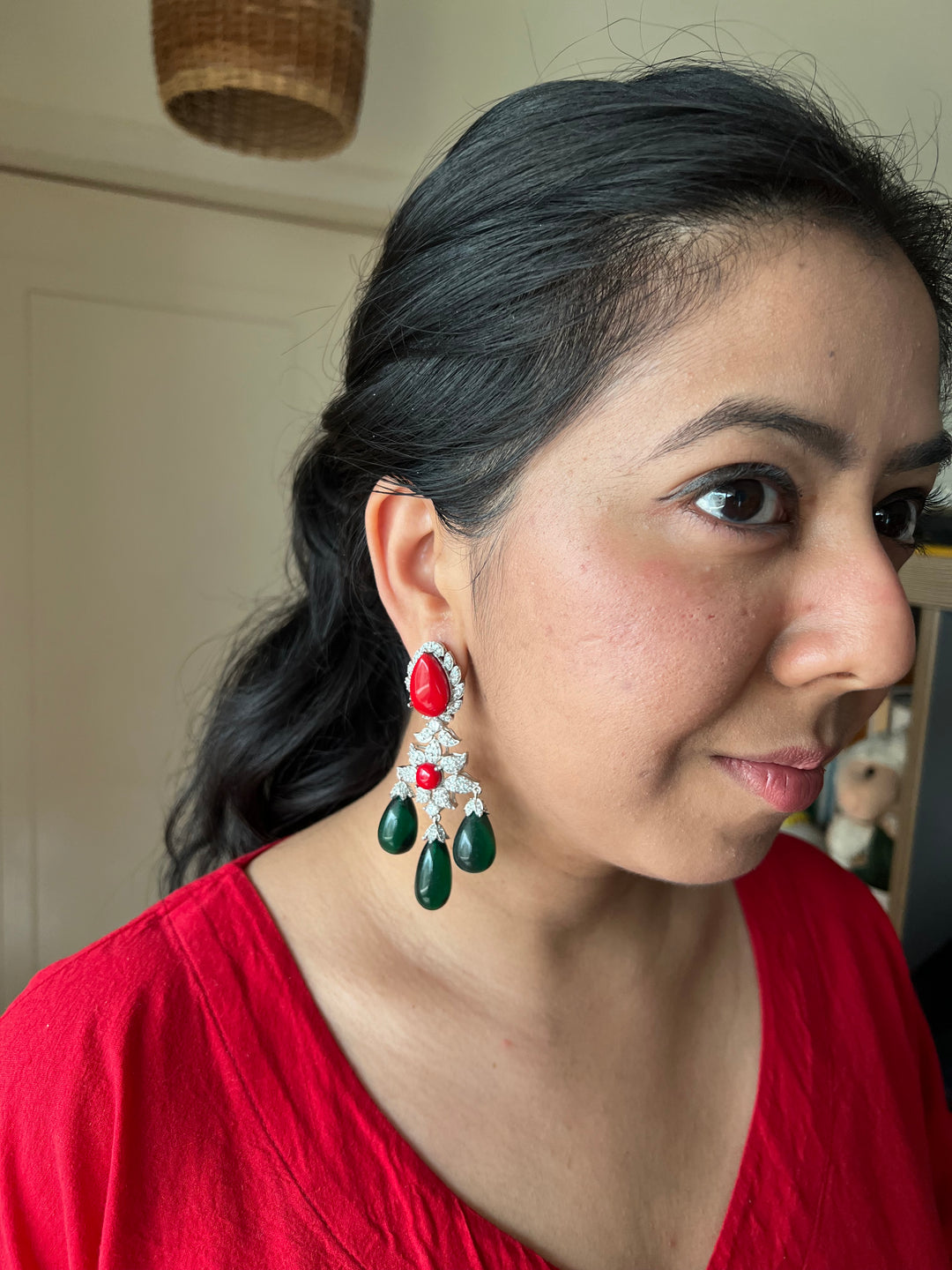 Statement Stone Earrings | SHIVKA | Rhodium Polish | Coral & Dark Green Stones | Push Back with Extra Support Clip