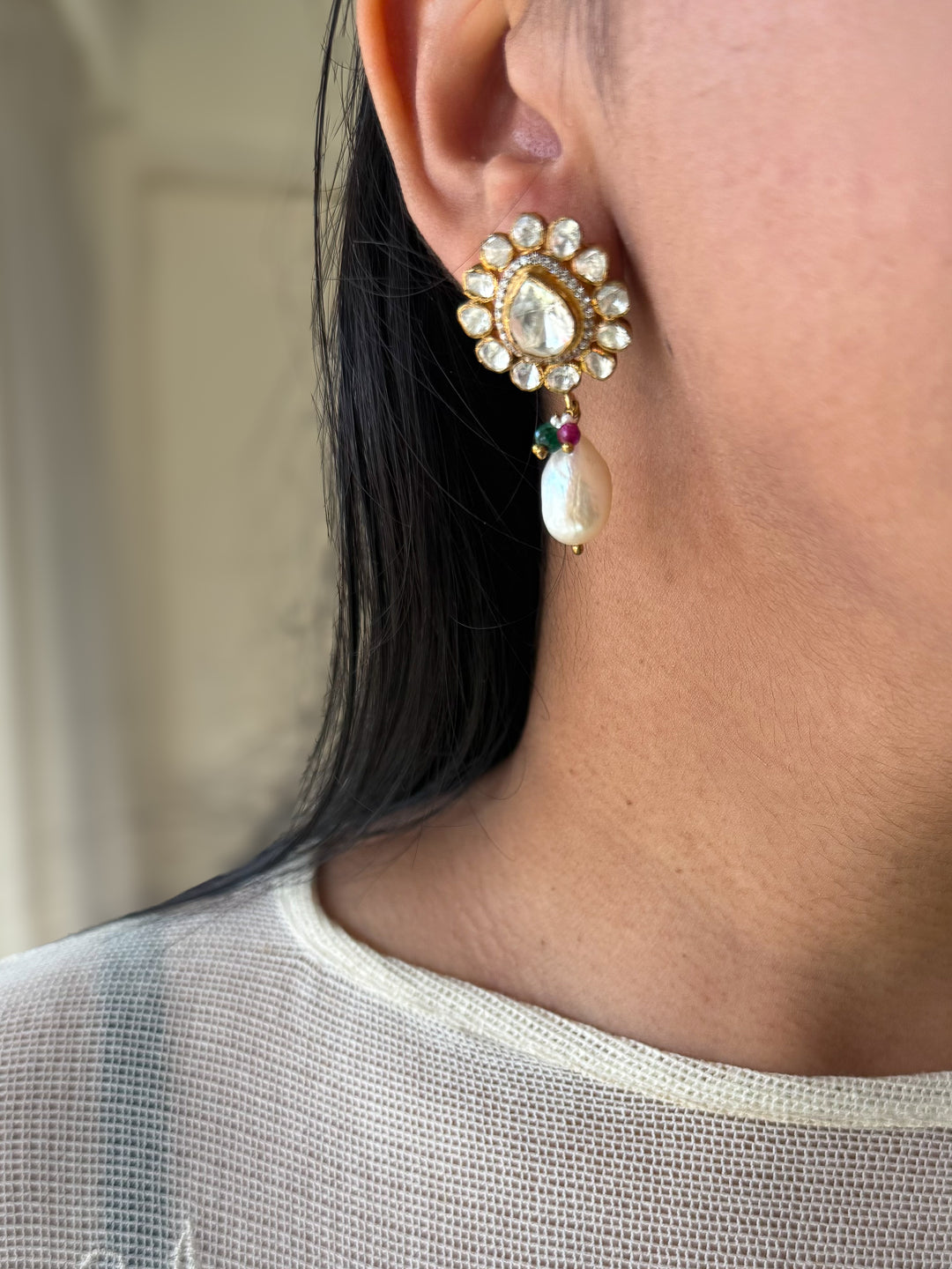 925 Silver Polki Kundan Earrings | SHIVKA | Gold Polish Festive Elegance