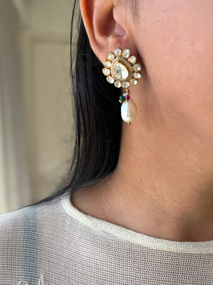 925 Silver Polki Kundan Earrings | SHIVKA | Gold Polish Festive Elegance