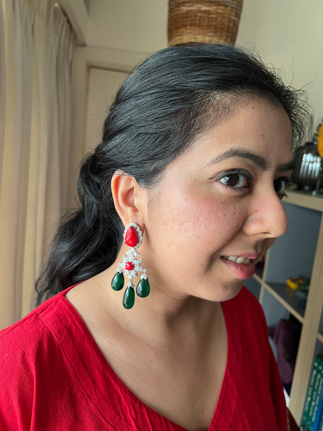 Statement Stone Earrings | SHIVKA | Rhodium Polish | Coral & Dark Green Stones | Push Back with Extra Support Clip