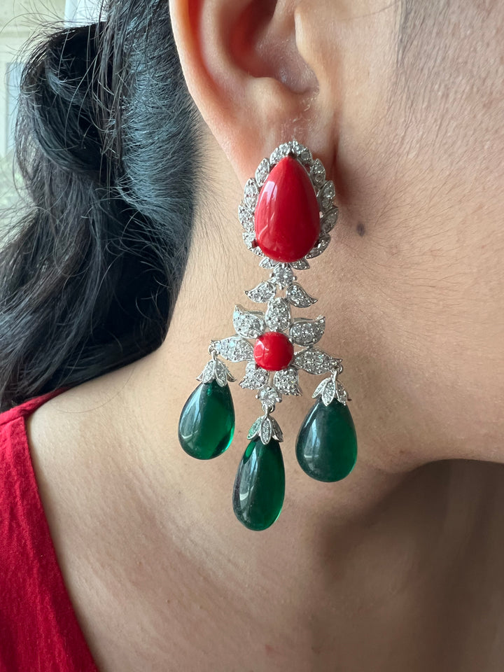 Statement Stone Earrings | SHIVKA | Rhodium Polish | Coral & Dark Green Stones | Push Back with Extra Support Clip