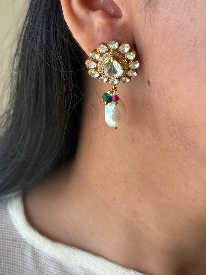 925 Silver Polki Kundan Earrings | SHIVKA | Gold Polish Festive Elegance