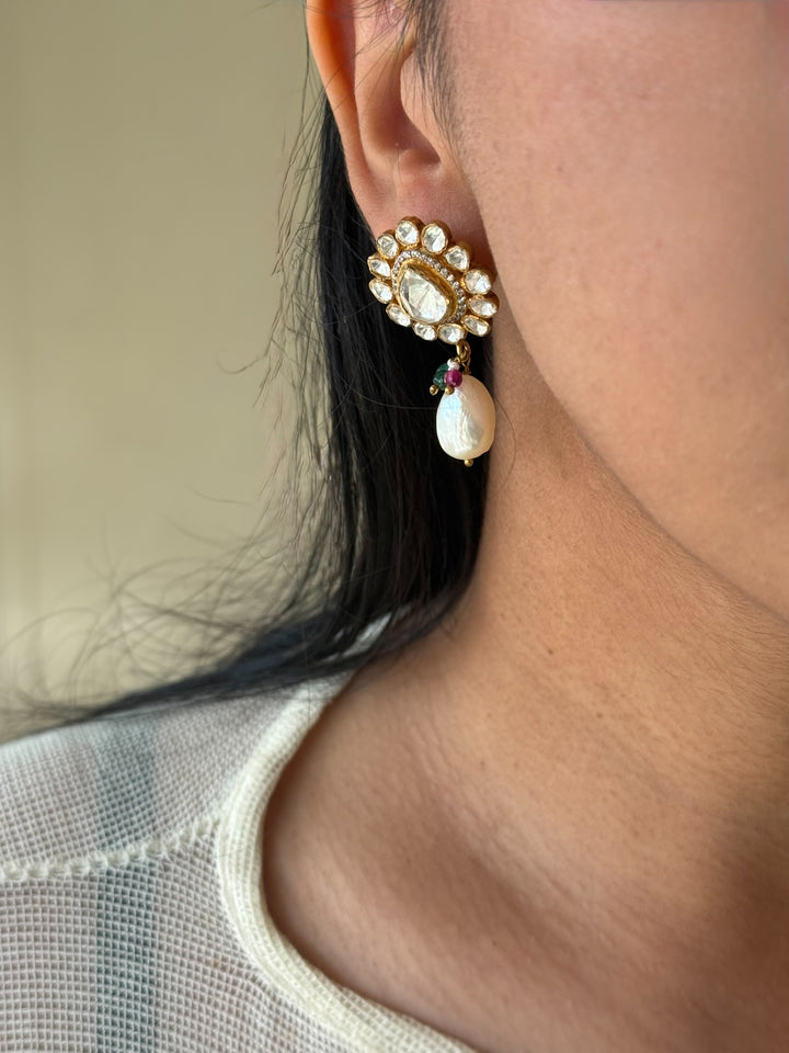 925 Silver Polki Kundan Earrings | SHIVKA | Gold Polish Festive Elegance