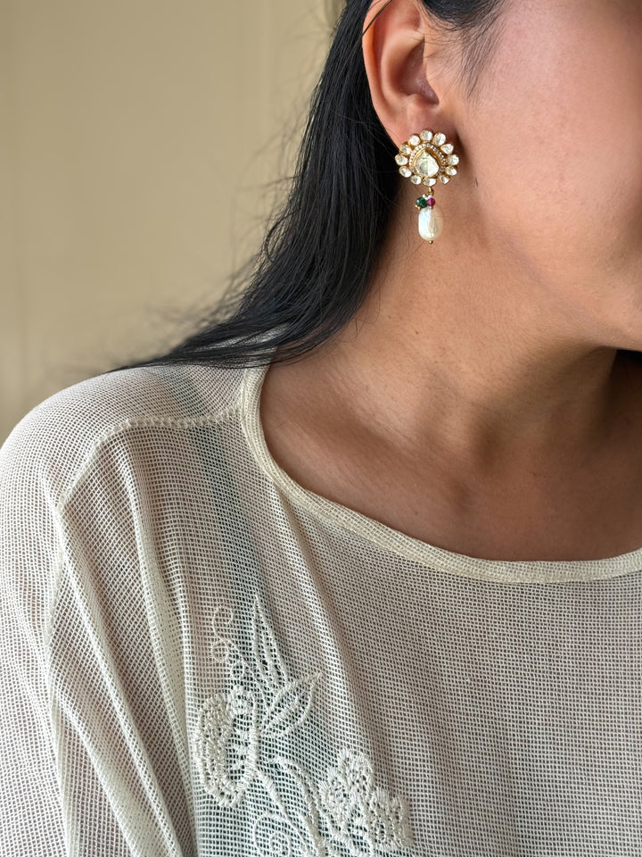 925 Silver Polki Kundan Earrings | SHIVKA | Gold Polish Festive Elegance