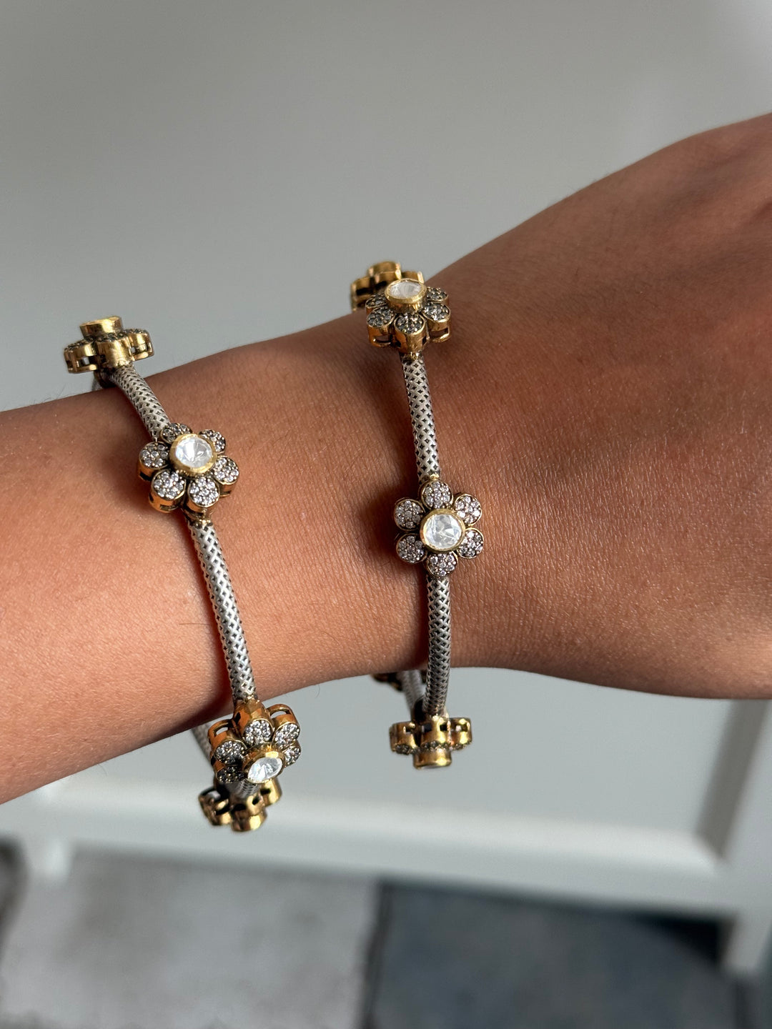 SHIVKA 925 Silver Fusion Bangles | Set of 2 | CZ Stones | Artisan Crafted | 47g