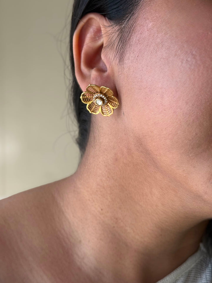 925 Silver Polki Studs | SHIVKA | Antique Gold CZ Festive Elegance