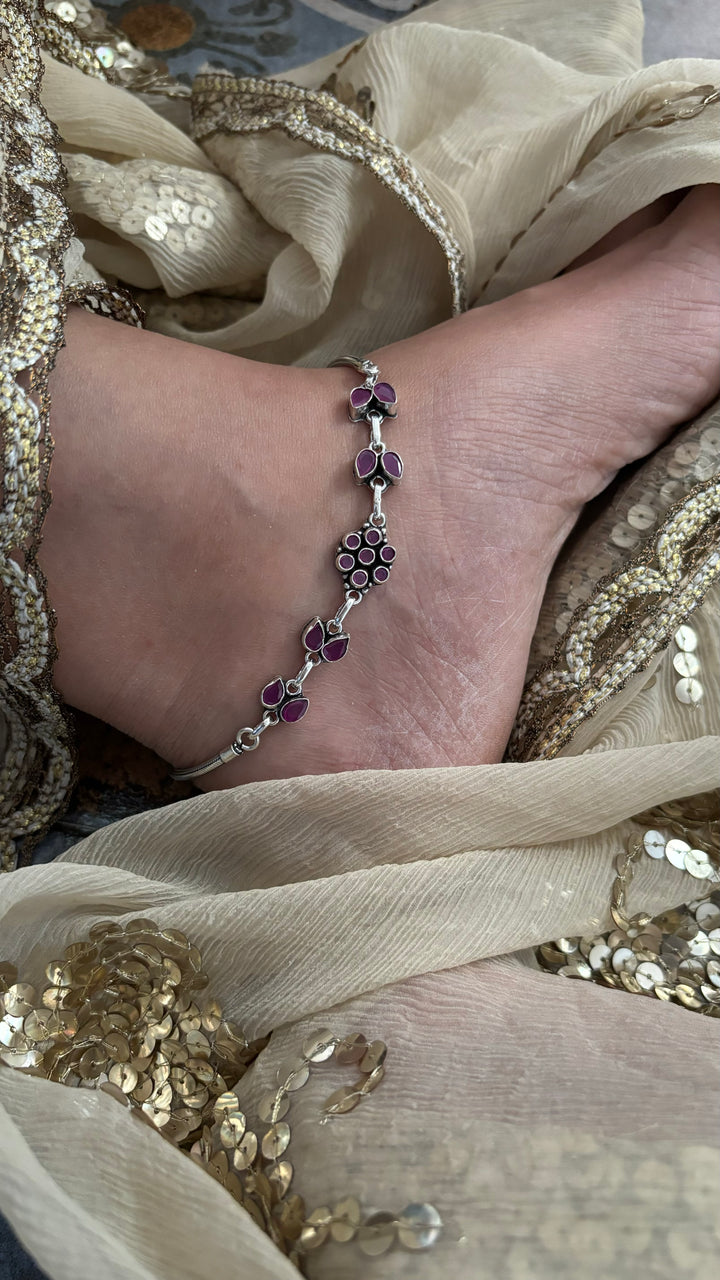 Stone Studded Pure 925 Pair of Silver Anklets- Set of Two