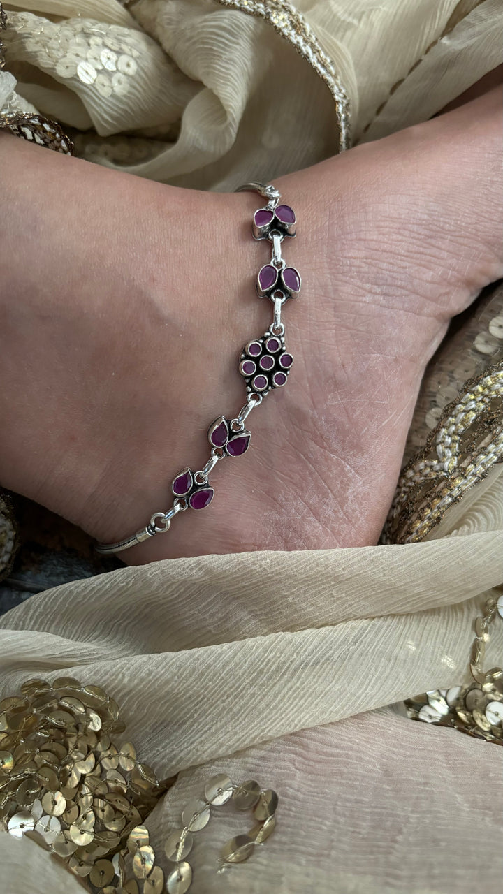 Stone Studded Pure 925 Pair of Silver Anklets- Set of Two