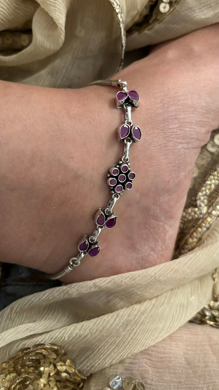 Stone Studded Pure 925 Pair of Silver Anklets- Set of Two