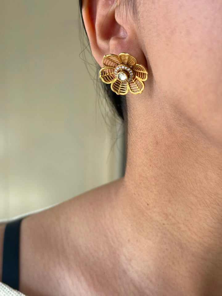 925 Silver Polki Studs | SHIVKA | Antique Gold CZ Festive Elegance