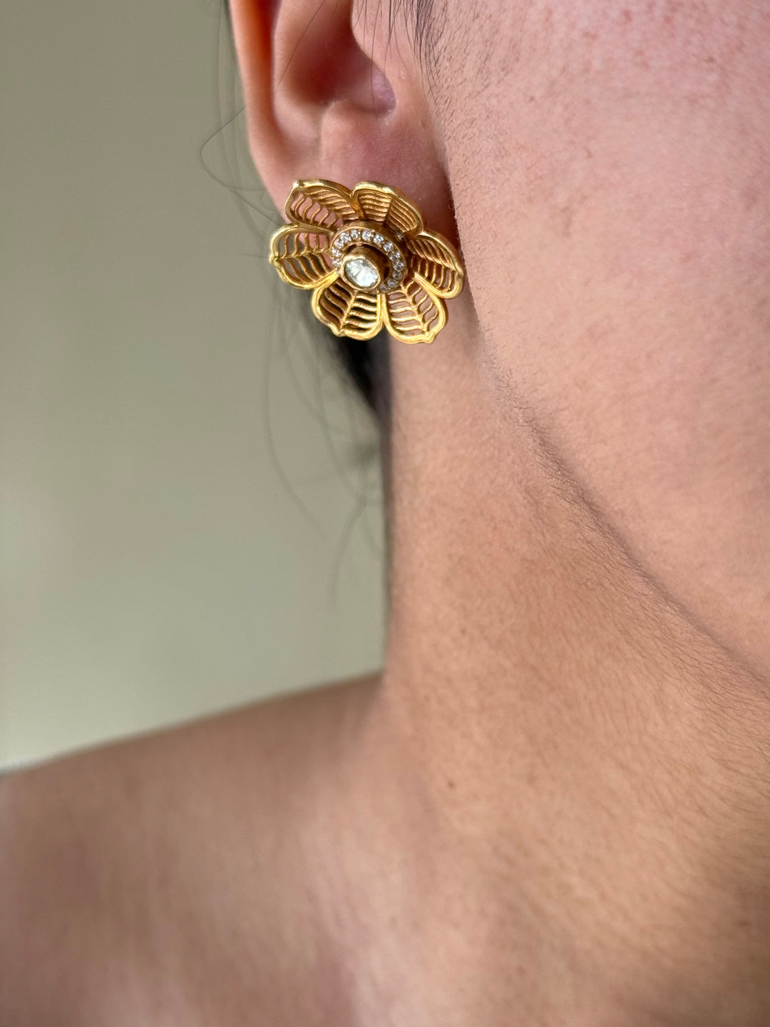 925 Silver Polki Studs | SHIVKA | Antique Gold CZ Festive Elegance