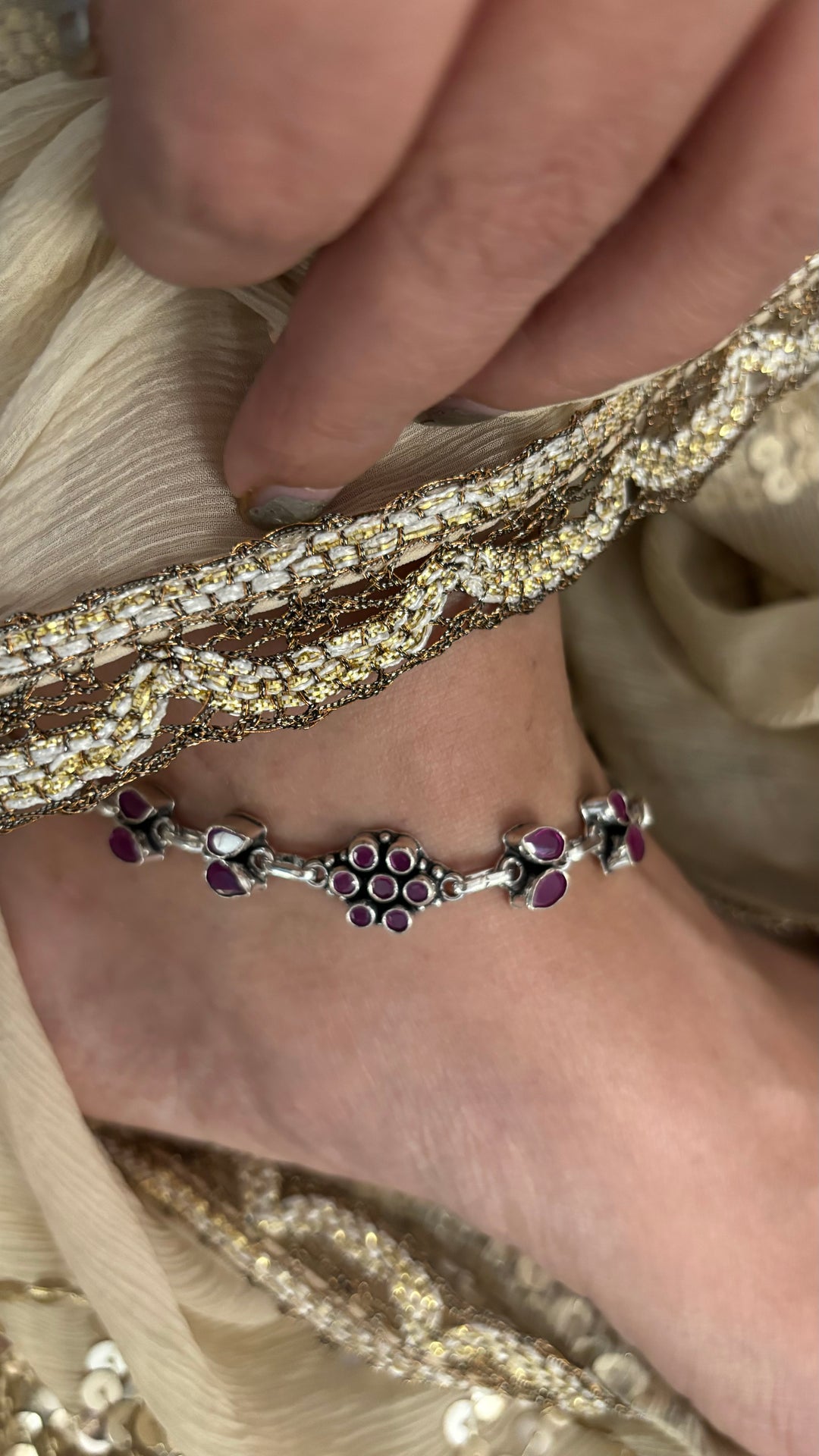 Stone Studded Pure 925 Pair of Silver Anklets- Set of Two