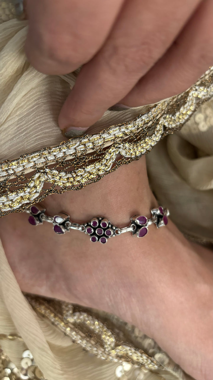 Stone Studded Pure 925 Pair of Silver Anklets- Set of Two