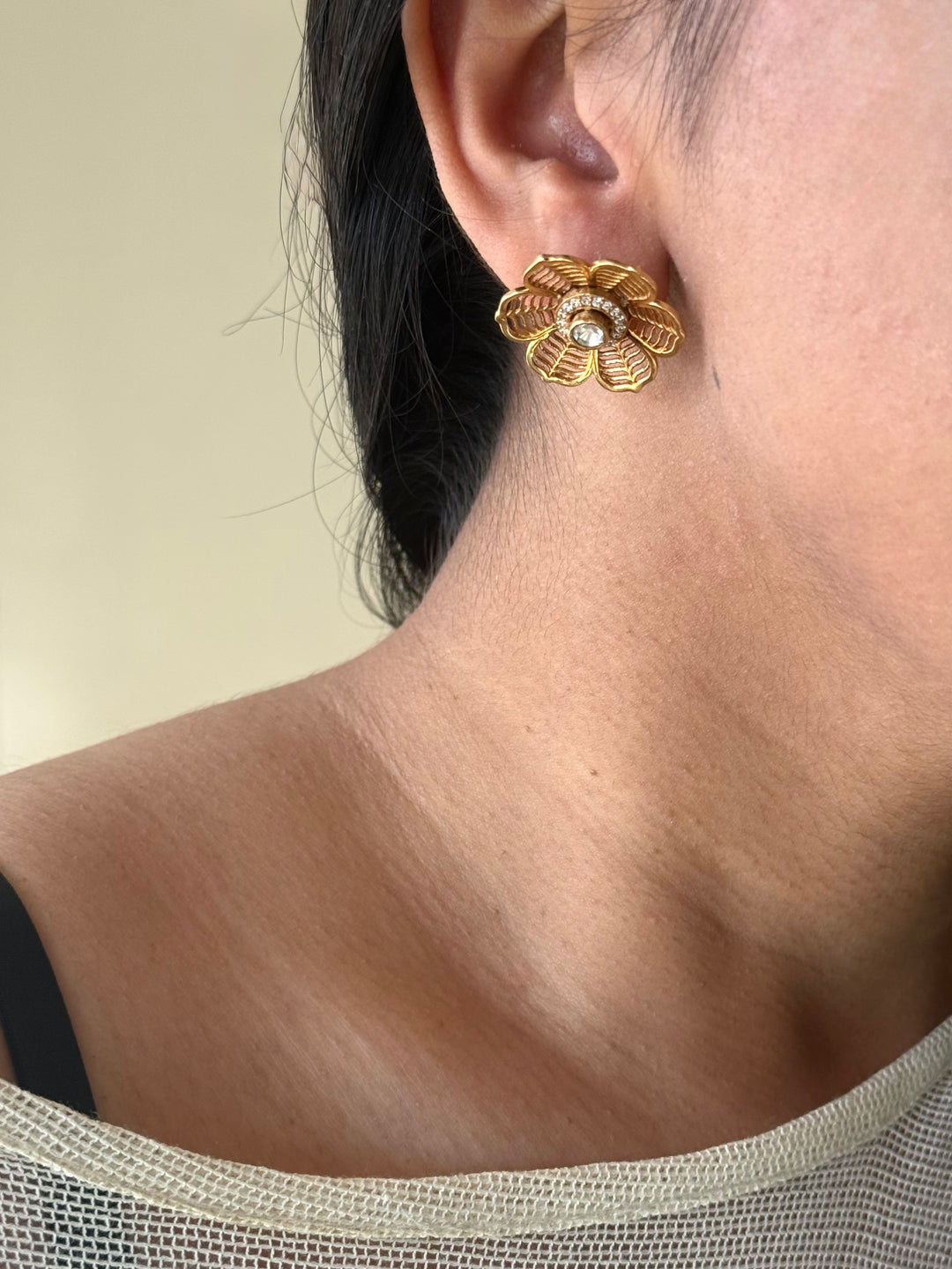 925 Silver Polki Studs | SHIVKA | Antique Gold CZ Festive Elegance