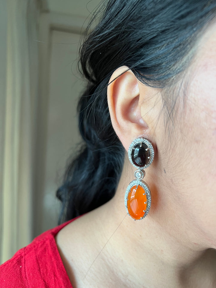 SHIVKA Designer Gemstone Earrings | Carnelian, Onyx & CZ | Silver Polish | Statement Jewelry
