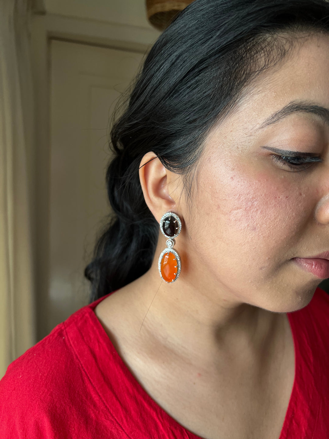 SHIVKA Designer Gemstone Earrings | Carnelian, Onyx & CZ | Silver Polish | Statement Jewelry