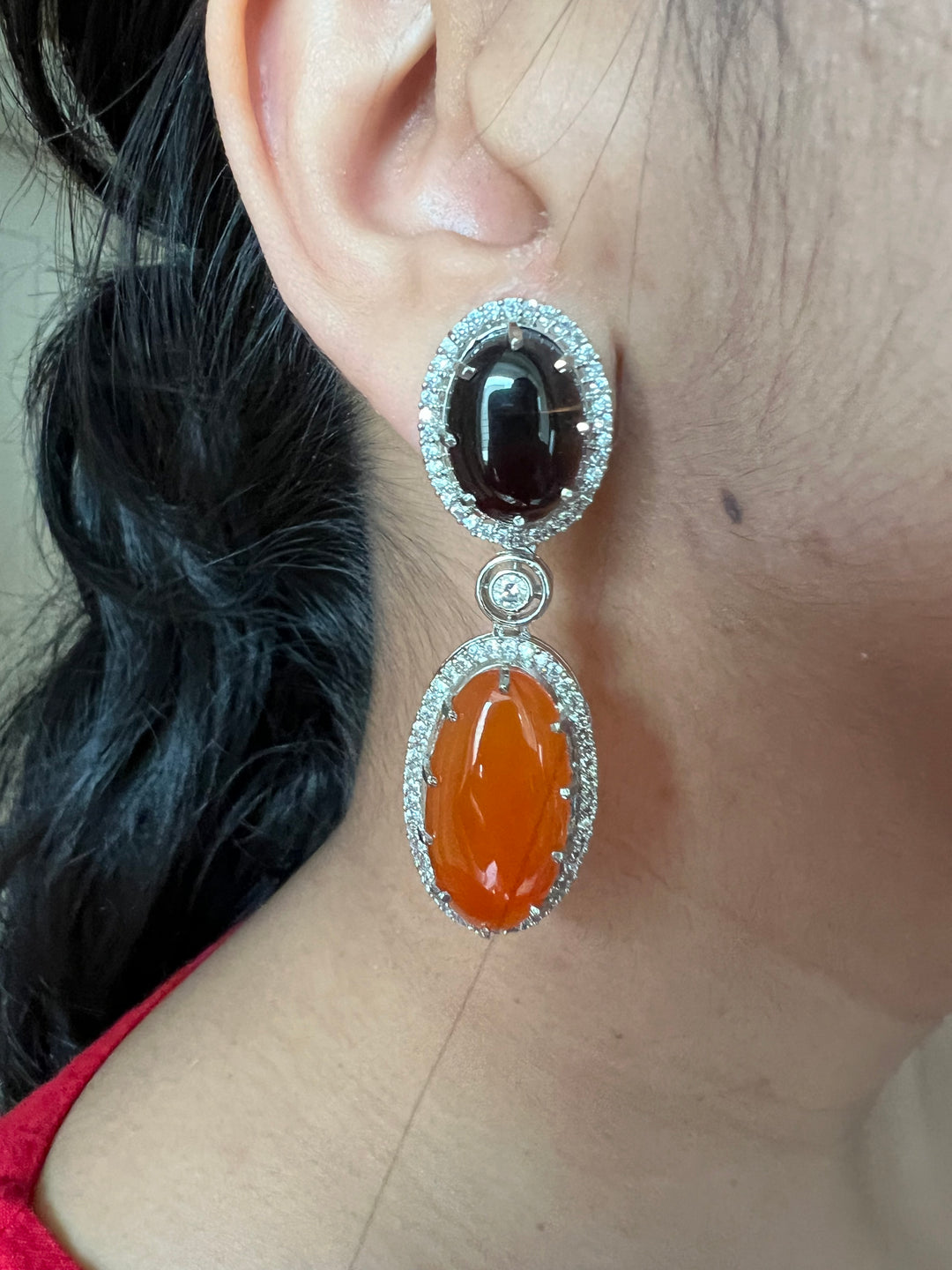 SHIVKA Designer Gemstone Earrings | Carnelian, Onyx & CZ | Silver Polish | Statement Jewelry