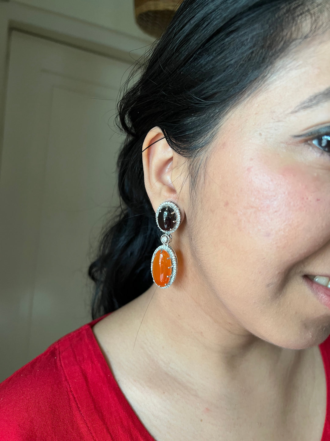 SHIVKA Designer Gemstone Earrings | Carnelian, Onyx & CZ | Silver Polish | Statement Jewelry