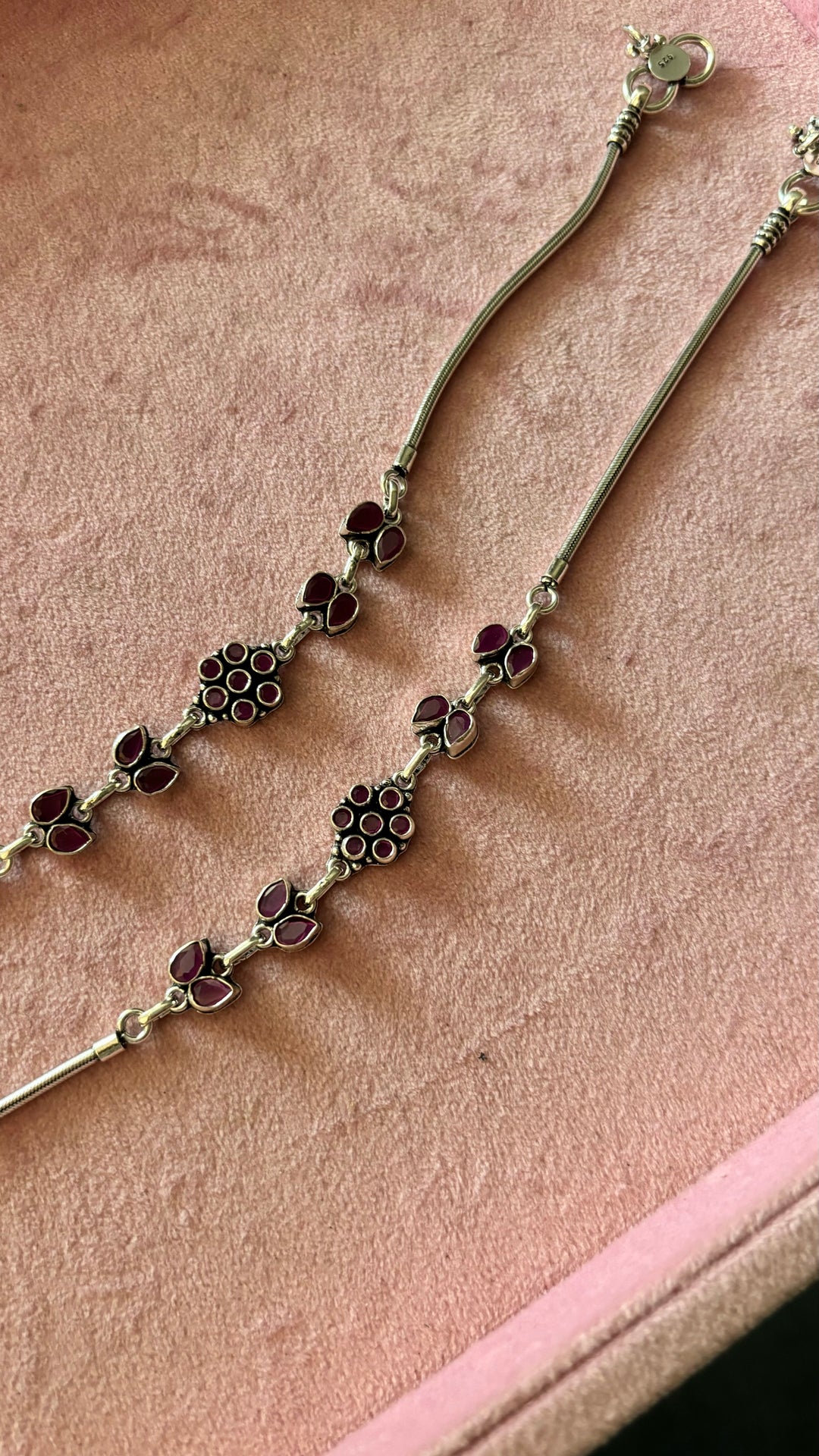 Stone Studded Pure 925 Pair of Silver Anklets- Set of Two