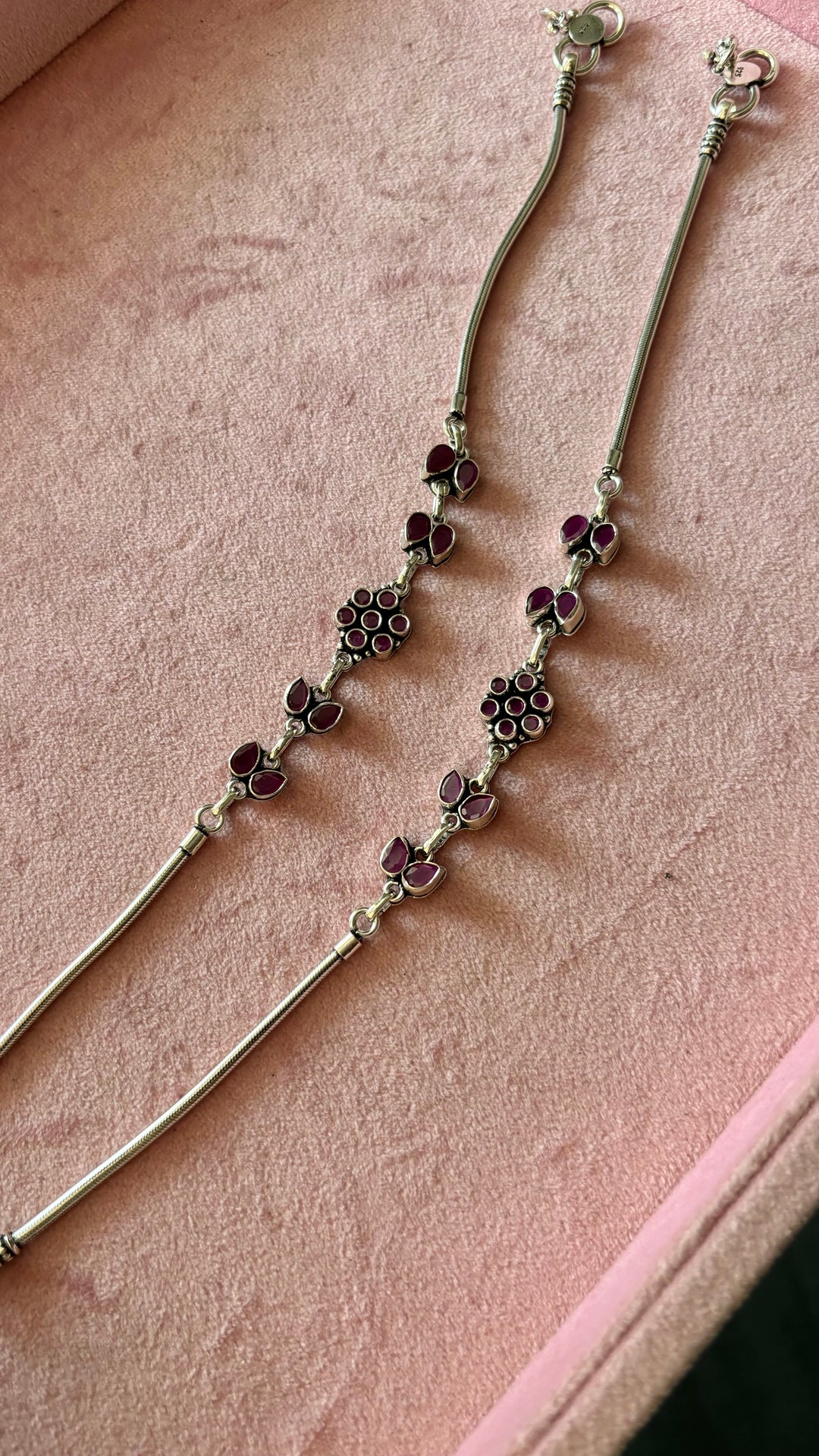 Stone Studded Pure 925 Pair of Silver Anklets- Set of Two