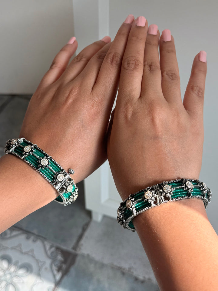 SHIVKA SAANJ 925 Silver Fusion Bangles | Set of 2 | CZ Stones | Artisan Crafted | 93g