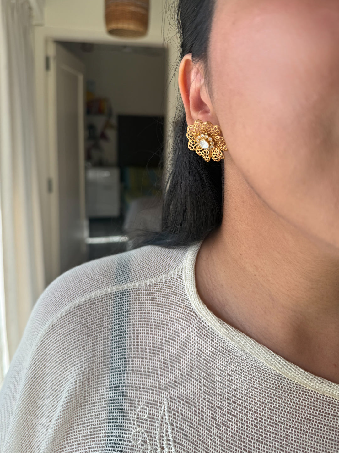 925 Silver Polki Studs | SHIVKA | Antique Gold CZ Festive Elegance