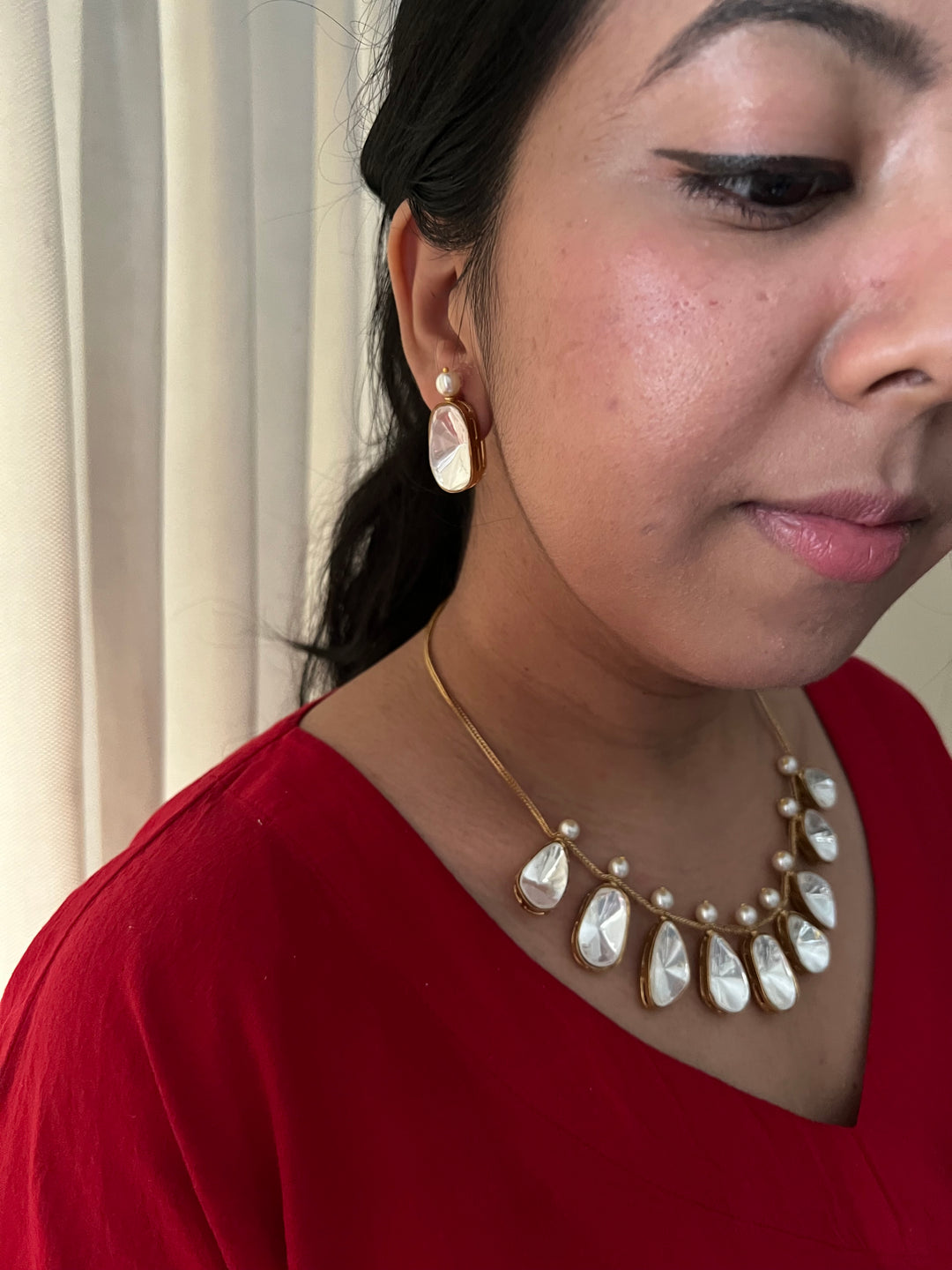 SHIVKA Kundan Pearl Necklace Set | Stud Earrings | Bridal Jewelry