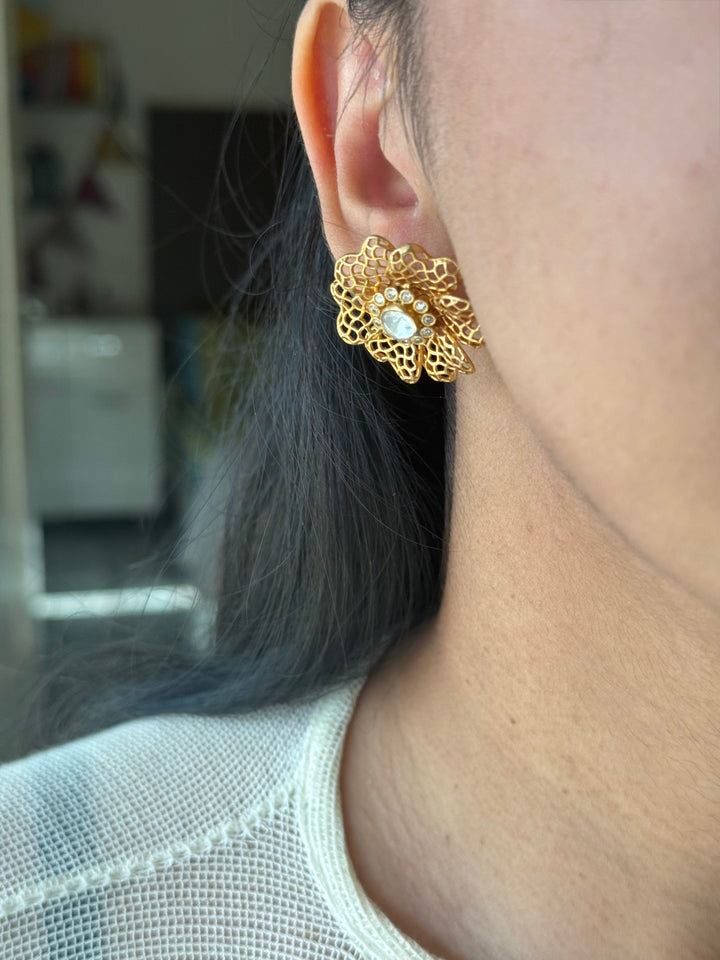 925 Silver Polki Studs | SHIVKA | Antique Gold CZ Festive Elegance
