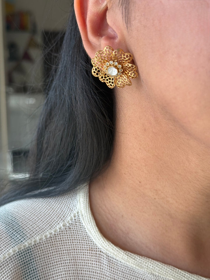 925 Silver Polki Studs | SHIVKA | Antique Gold CZ Festive Elegance