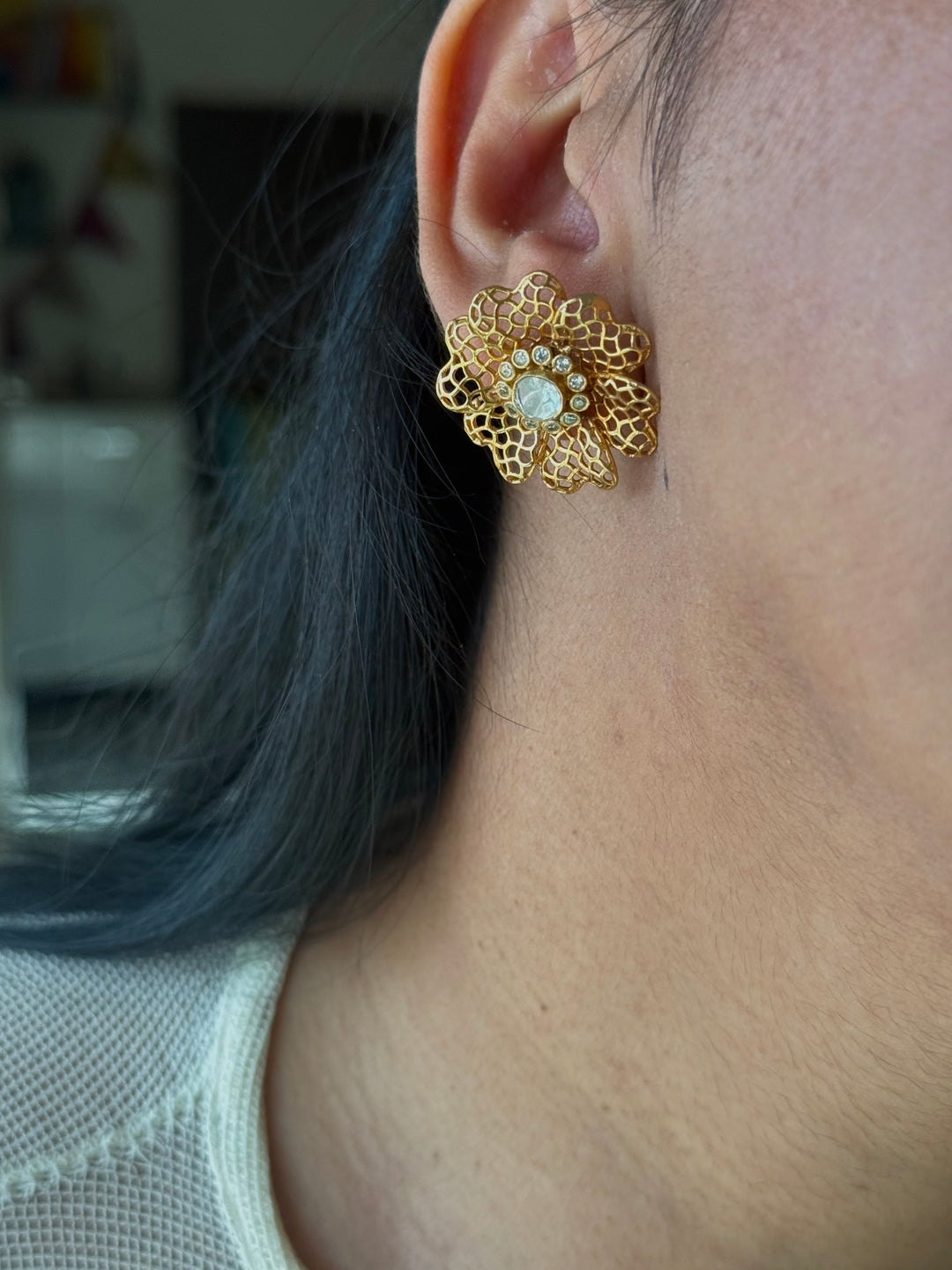 925 Silver Polki Studs | SHIVKA | Antique Gold CZ Festive Elegance