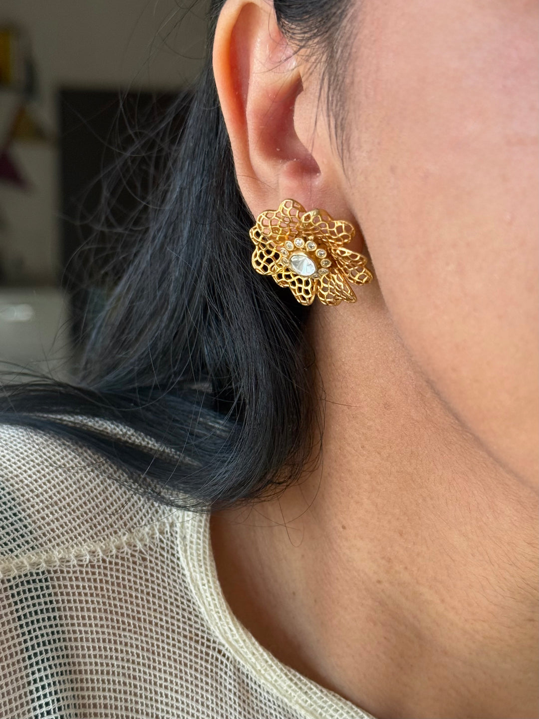 925 Silver Polki Studs | SHIVKA | Antique Gold CZ Festive Elegance