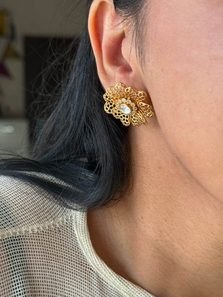 925 Silver Polki Studs | SHIVKA | Antique Gold CZ Festive Elegance