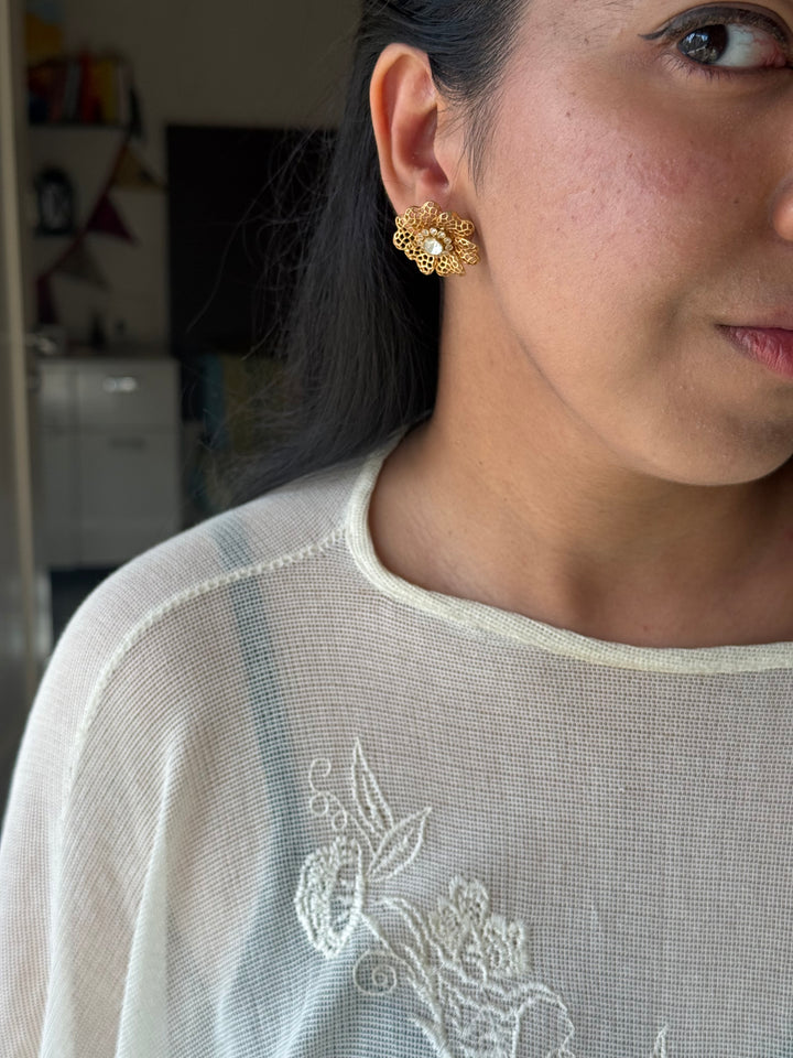 925 Silver Polki Studs | SHIVKA | Antique Gold CZ Festive Elegance